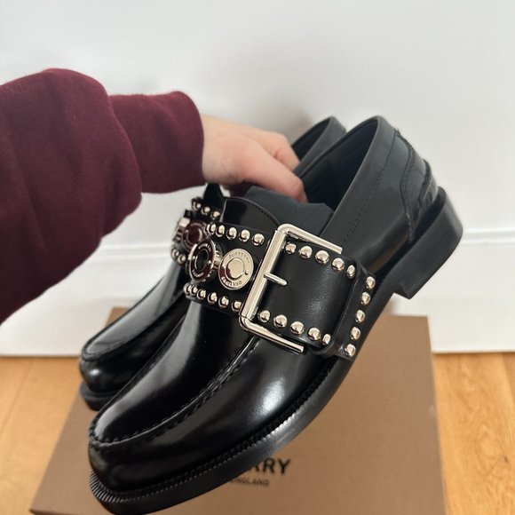 Burberry Marita Loafers Black Buffed Leather Silver Buckle Strap Sz 39 NWB main image 12
